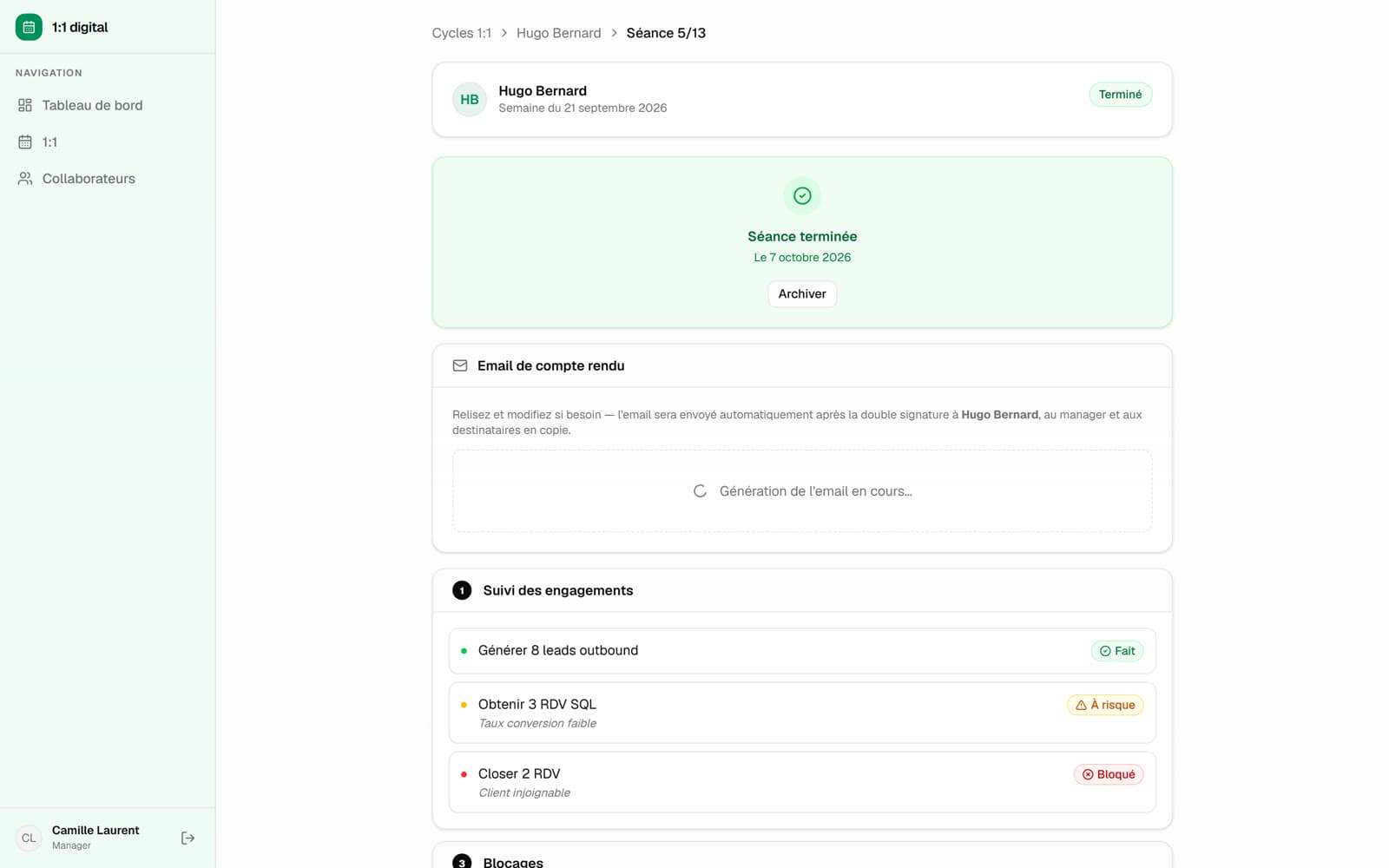 Séance terminée avec le suivi des engagements