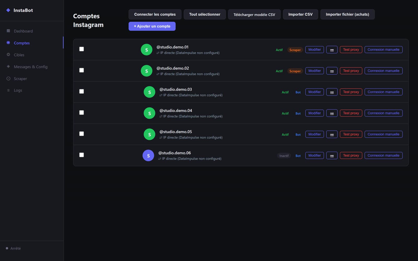 Gestion des comptes Instagram du bot