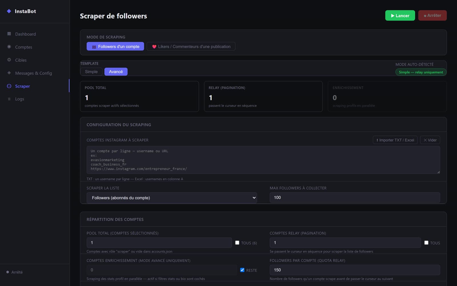Configuration du scraper de followers