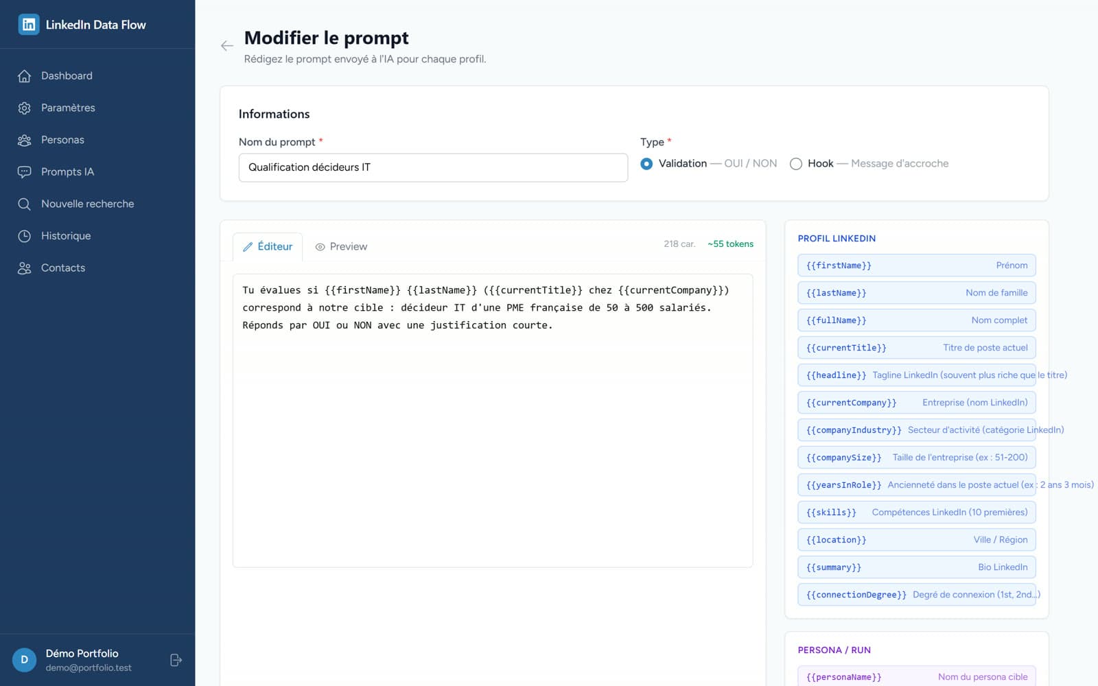 Éditeur de prompt de qualification avec variables
