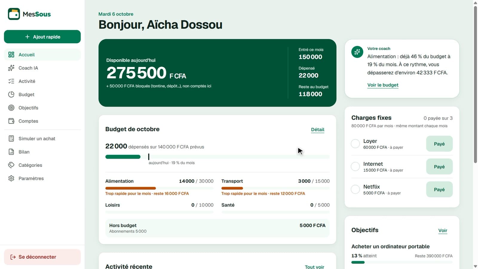Tableau de bord MesSous : disponible estimé, budget du mois, charges fixes et conseil du coach