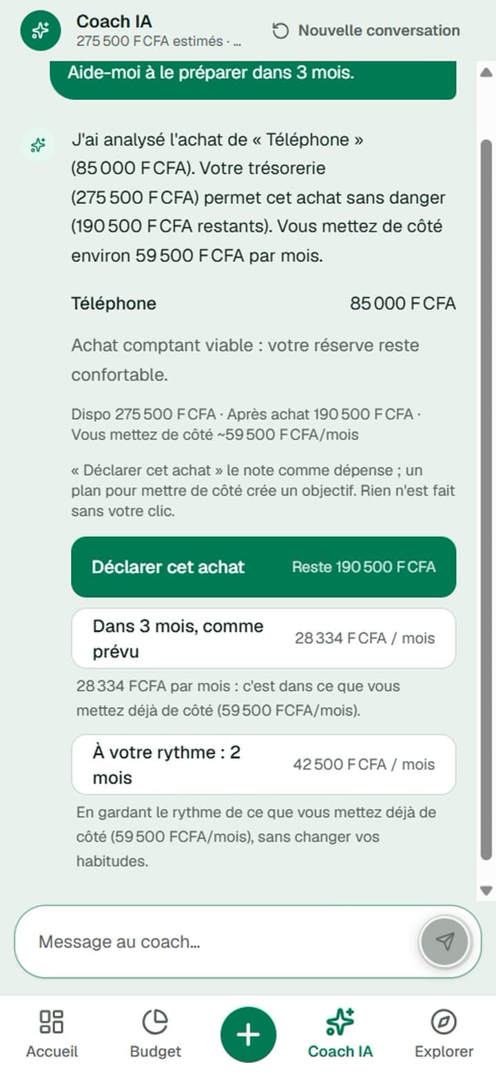 Coach IA sur mobile qui prépare un achat sur trois mois